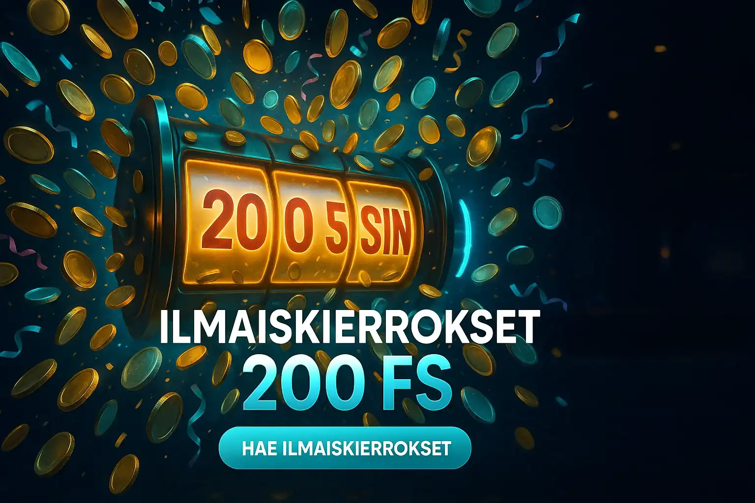 Suomalainen kasinobanneri, 200 ilmaiskierrosta, kolikkoräjähdys ja CTA-painike
