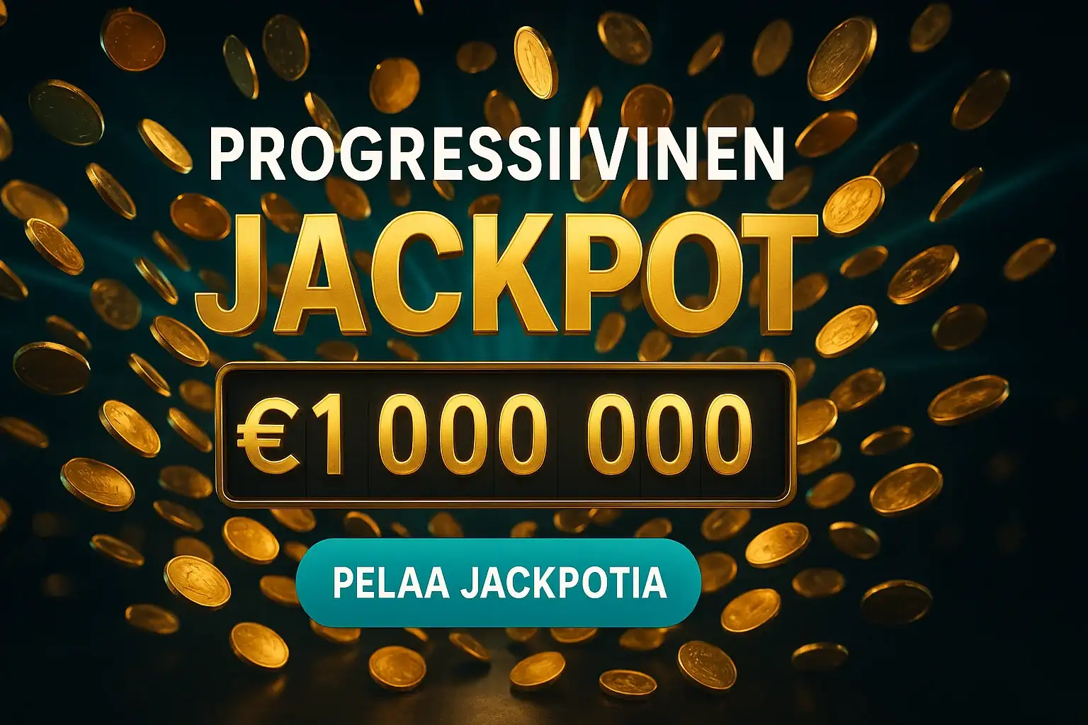 Suomalainen kasinobanneri, progressiivinen jackpot 1 000 000 €, kolikot ja neonvalot