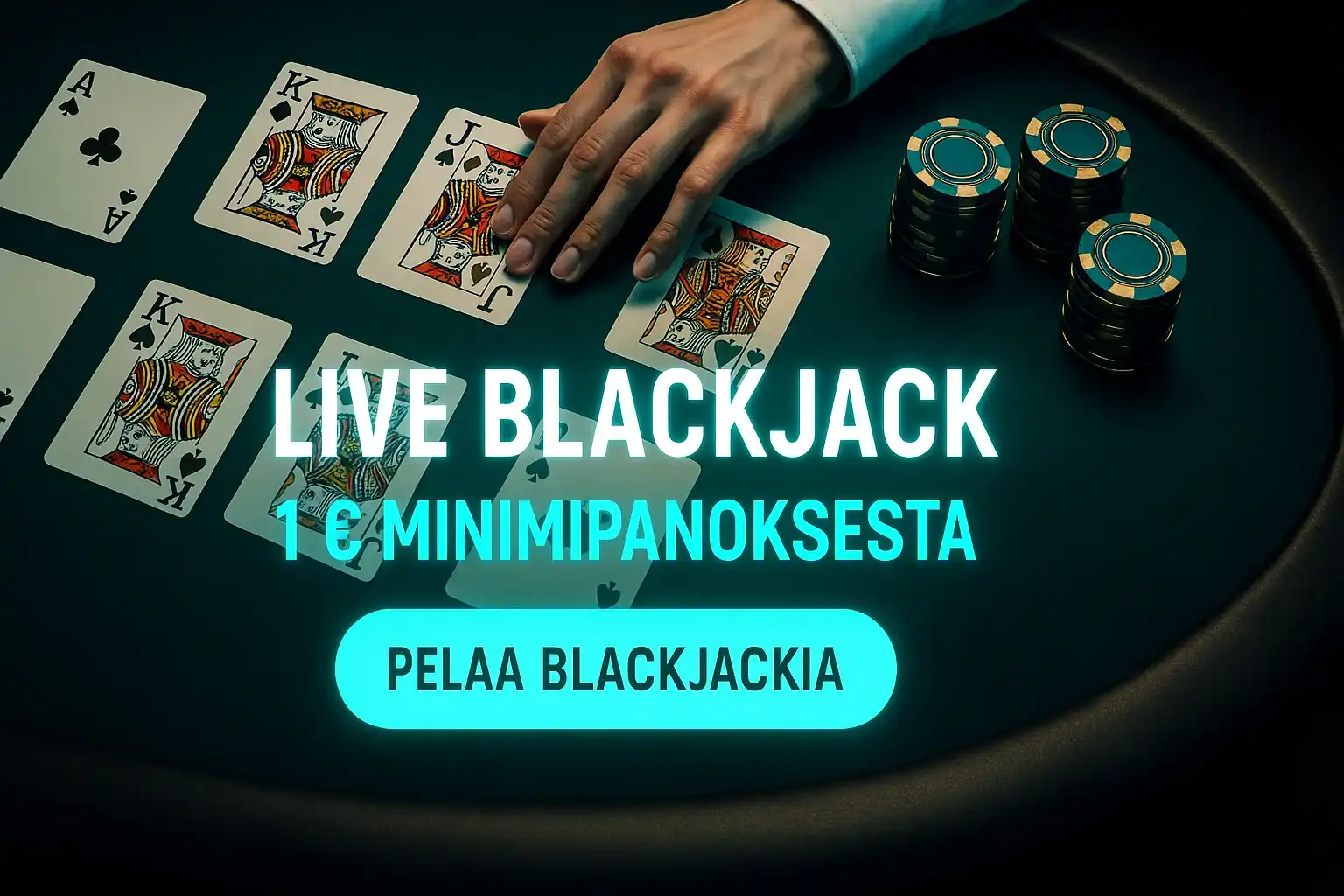 Fotorealistinen live blackjack -banneri, kortit ja pelimerkit, CTA-painike