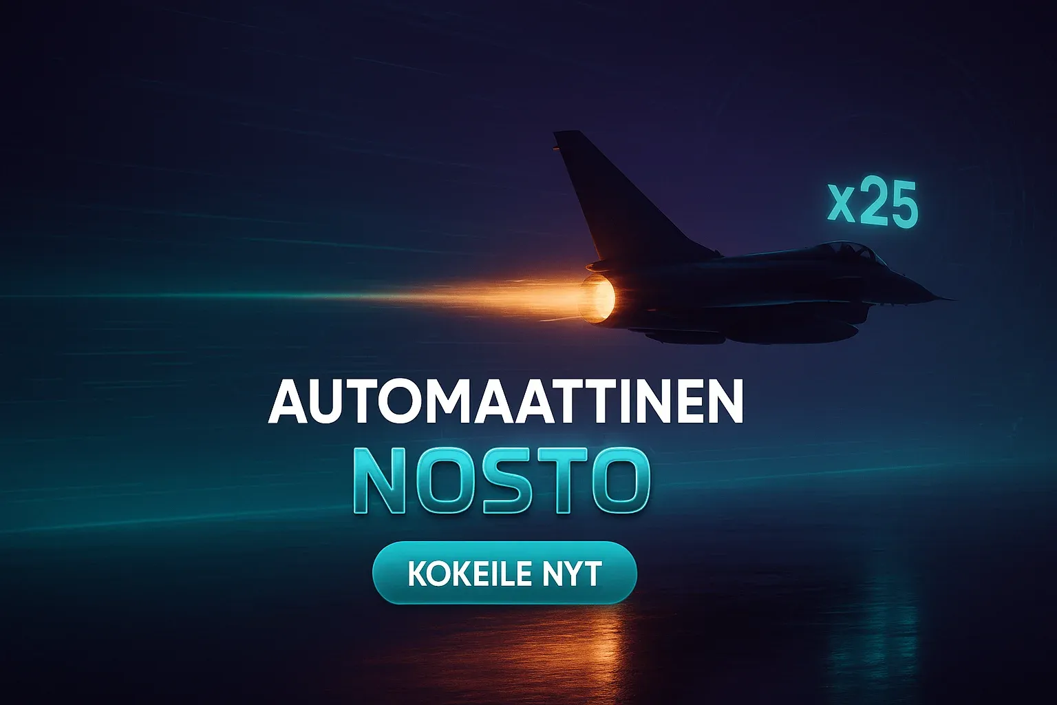 Fotorealistinen JetX-hävittäjäbanneri, x25-kerroin ja Kokeile Nyt -painike