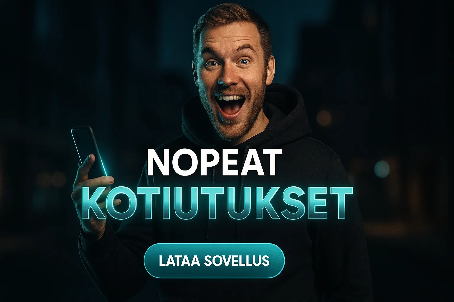 Suomalainen mies hupparissa kasinobannerissa, puhelin hehkuu ja CTA-nappi