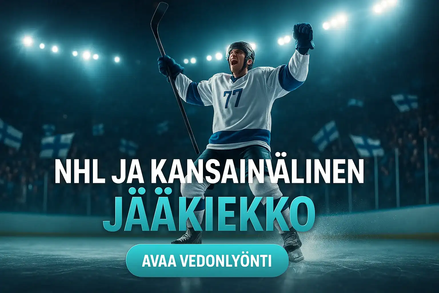 Suomalainen jääkiekkoilija juhlii maalia, vedonlyönti CTA bannerissa